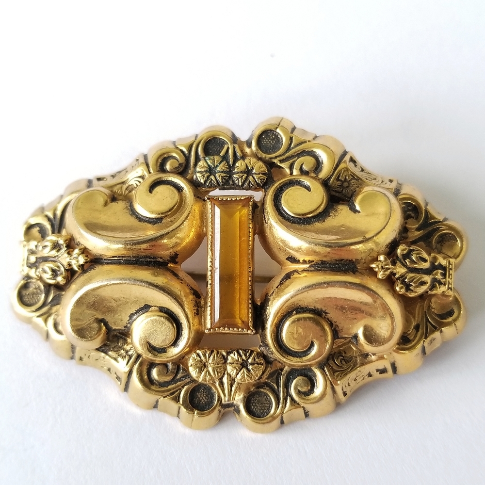 Vintage brooch Victorian revival pin gold tone Etruscan yellow orange gem